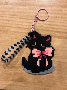 Pink & Black Pixel Cat Keychain - Cute Cat Accessory Handmade Perler Bead NEW